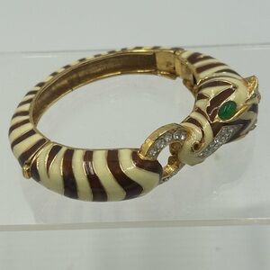 Rare Vintage CINER Brown Zebra Hinged Statement Rhinestone Enamel Bracelet